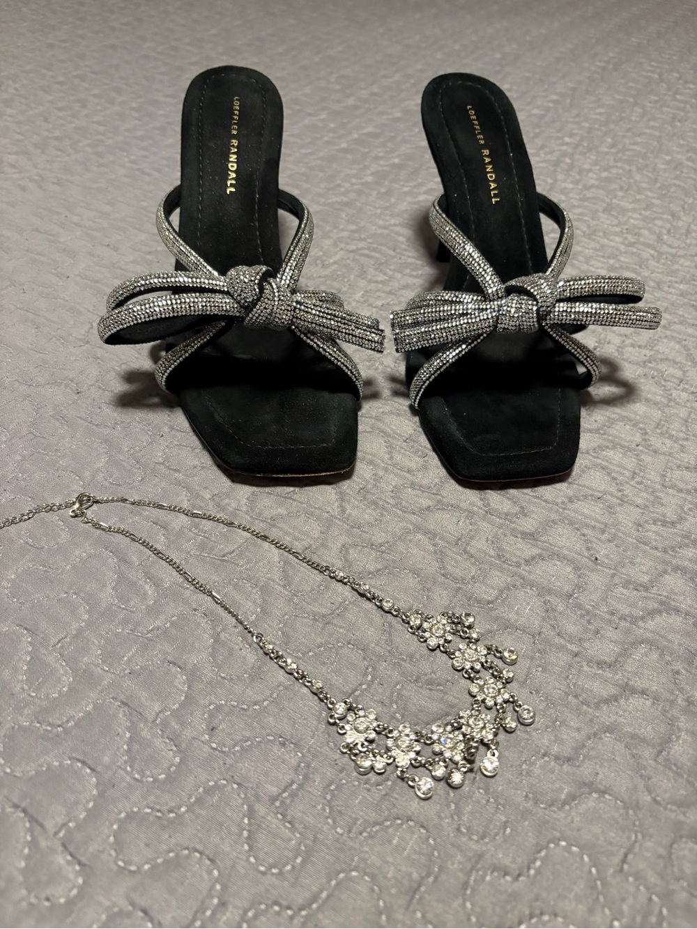 Loeffler Randall Rhinestone Bow Heels Black Suede Size 10B Sparkle